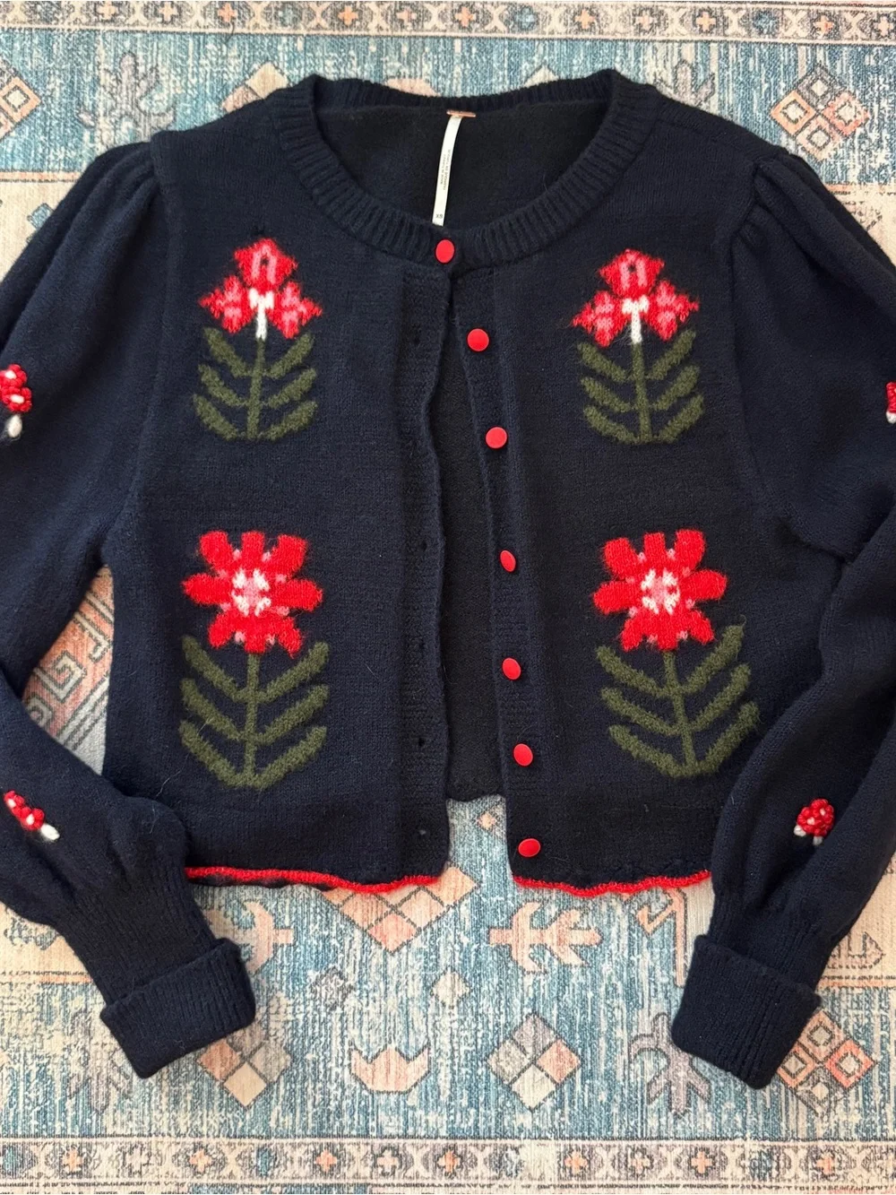 Free People Nonna Knit Navy Cropped Cardigan with Red Floral Intarsia